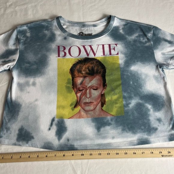 David Bowie Cropped Top Women's Size M Blue/White Marble Cotton Blend Crew Neck - Picture 2 of 7